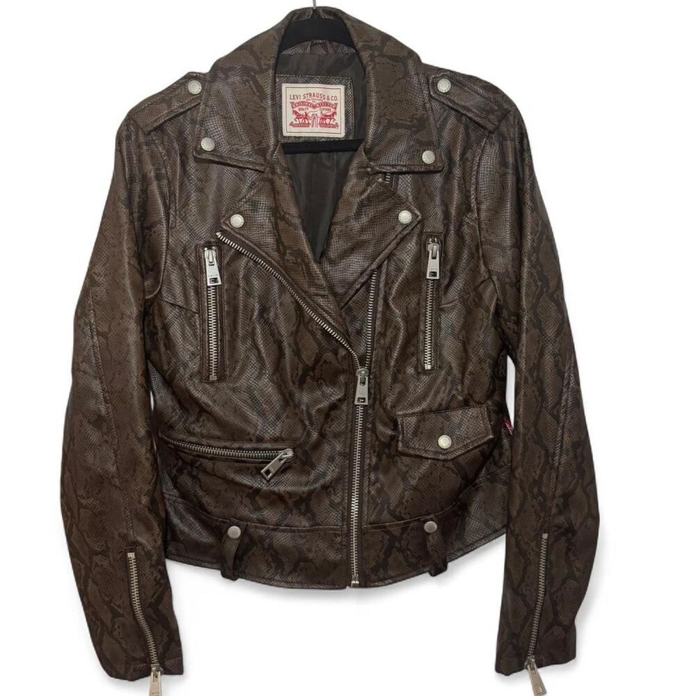 Levi’s Faux Leather Snake Print Moto Jacket Women’s L Brown Cropped Biker Zip - Picture 3 of 7